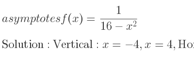 The asymptotes of f(x)= 1/(16-x^2) is Vertical: x=-4,x=4,Horizontal: y=0